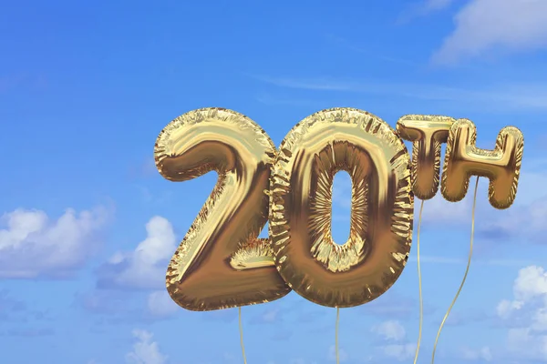 Globo de cumpleaños de lámina dorada número 20 contra una suma azul brillante —  Fotos de Stock