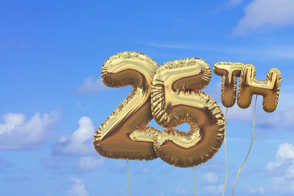 Gold number 25 foil birthday balloon against a bright blue summe — Stock Photo, Image