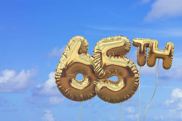 Gold number 65 foil birthday balloon against a bright blue summe — Stock Photo, Image