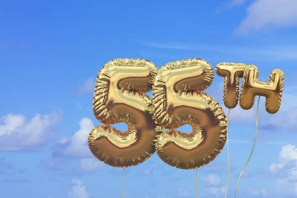 Gold number 55 foil birthday balloon against a bright blue summe — Stock Photo, Image