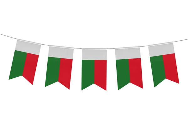 Bandeira nacional de Madagáscar bunting festivo contra um b branco liso — Fotografia de Stock
