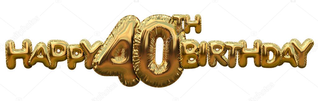 Happy 40th birthday gold foil balloon greeting background. 3D Re