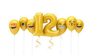 12 numaralı sarı doğum günü emojisi balonlara bakıyor. 3d Render