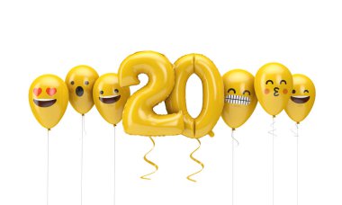 20 numaralı sarı doğum günü emojisi balonlara bakıyor. 3d Render