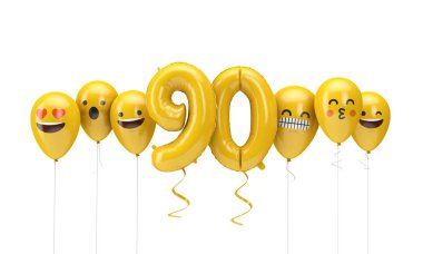 90 numaralı sarı doğum günü emojisi balonlara bakıyor. 3d Render