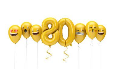 80 numaralı sarı doğum günü emojisi balonlara bakıyor. 3d Render