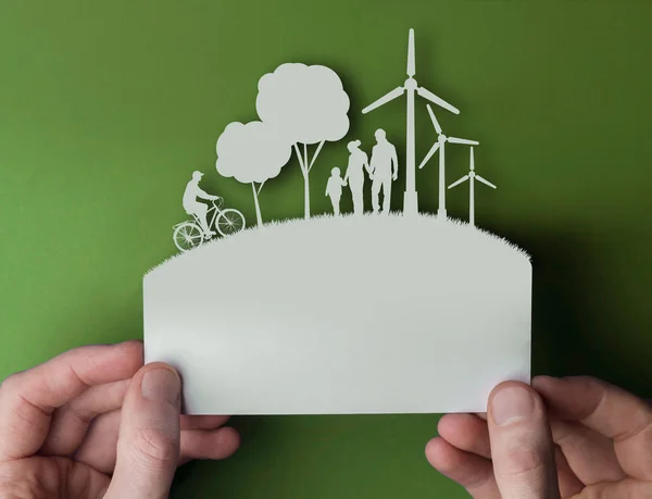 Grüne Umweltpapier Hintergrund mit Windrädern, Bäumen ein — Stockfoto