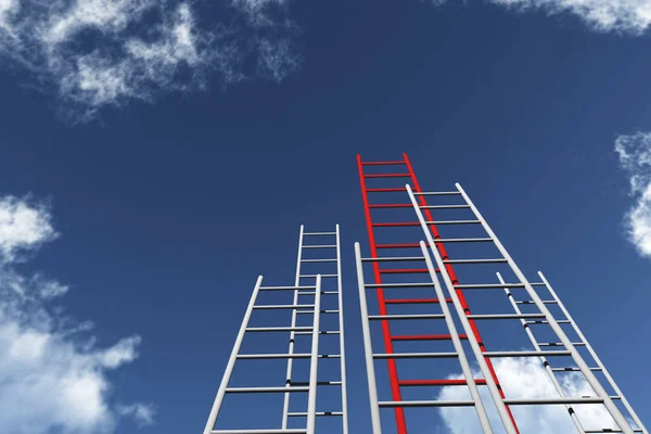 Escada vermelha a alcançar o céu. Crescimento, futuro, desenvolvimento — Fotografia de Stock