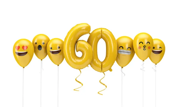 数字60黄色生日表情符号面对气球。3d 渲染 — 图库照片