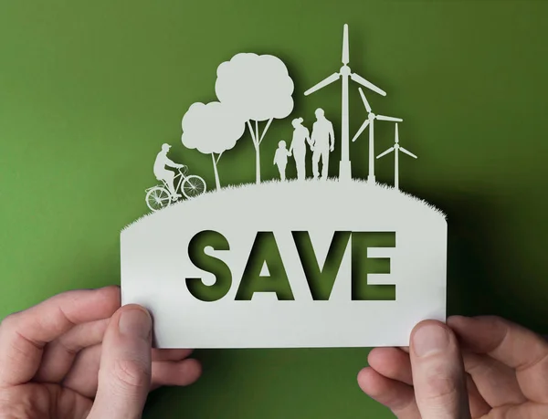 Save - green environmental paper background with wind turbines, — Stock Photo, Image