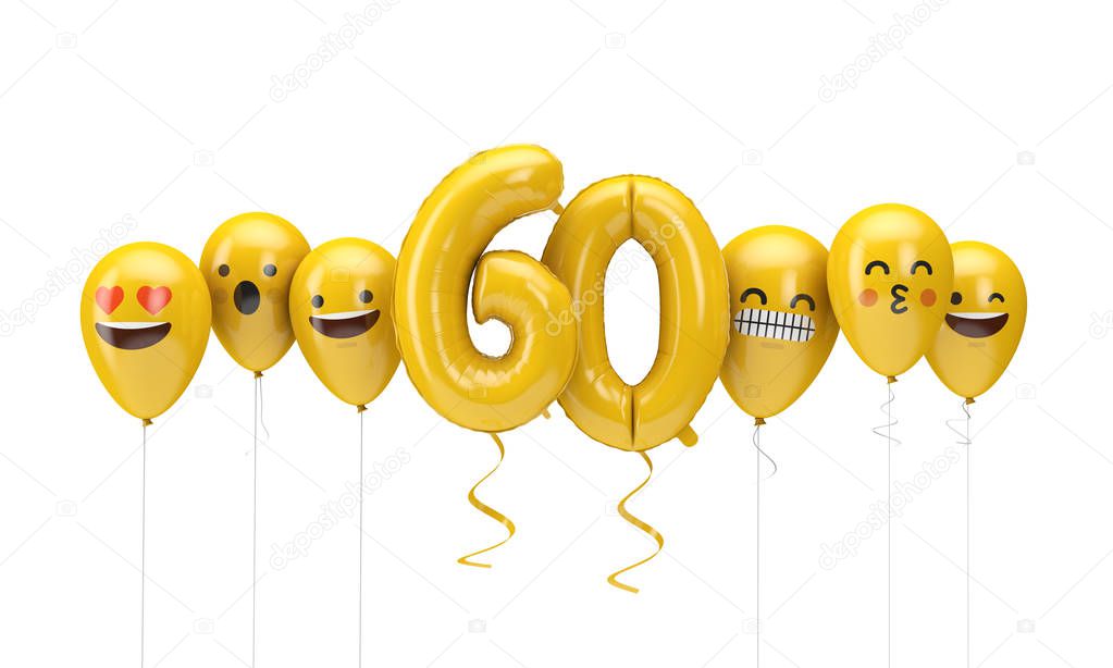 Number 60 yellow birthday emoji faces balloons. 3D Render