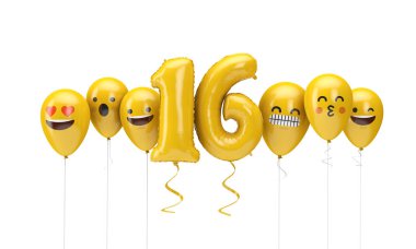 Number 16 yellow birthday emoji faces balloons. 3D Render clipart