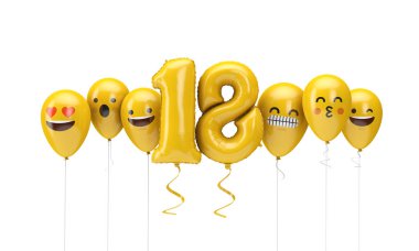 18 numaralı sarı doğum günü emojisi balonlara bakıyor. 3d Render