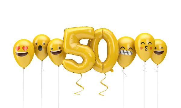 Number 50 yellow birthday emoji faces balloons. 3D Render — Stock Photo, Image