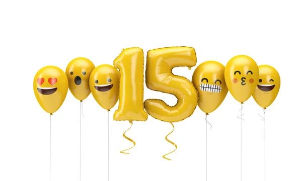 Nummer 15 gele verjaardag Emoji gezichten ballonnen. 3D renderen — Stockfoto