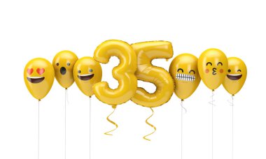 35 numaralı sarı doğum günü emojisi balonlara bakıyor. 3d Render