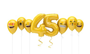 45 numaralı sarı doğum günü emojisi balonlara bakıyor. 3d Render
