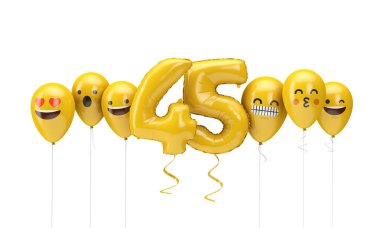 Number 45 yellow birthday emoji faces balloons. 3D Render clipart