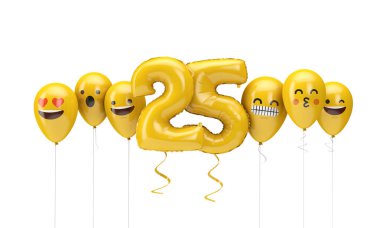25 numaralı sarı doğum günü emojisi balonlara bakıyor. 3d Render
