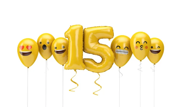 Numero 15 giallo compleanno emoji facce palloncini. Render 3D — Foto Stock