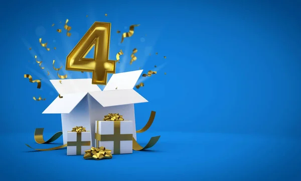 4-es szám felrobbanó születésnapi ajándék dobozban. 3D-leképezés — Stock Fotó
