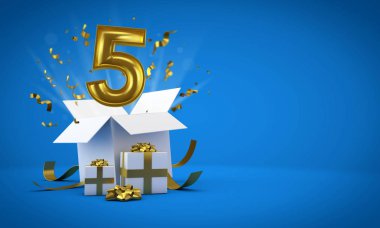 5 numara doğum günü hediye kutusundan patlıyor. 3d Render