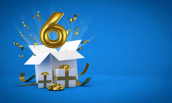 Nummer 6 exploderende van een verjaardagscadeau geschenk doos. 3D renderen — Stockfoto