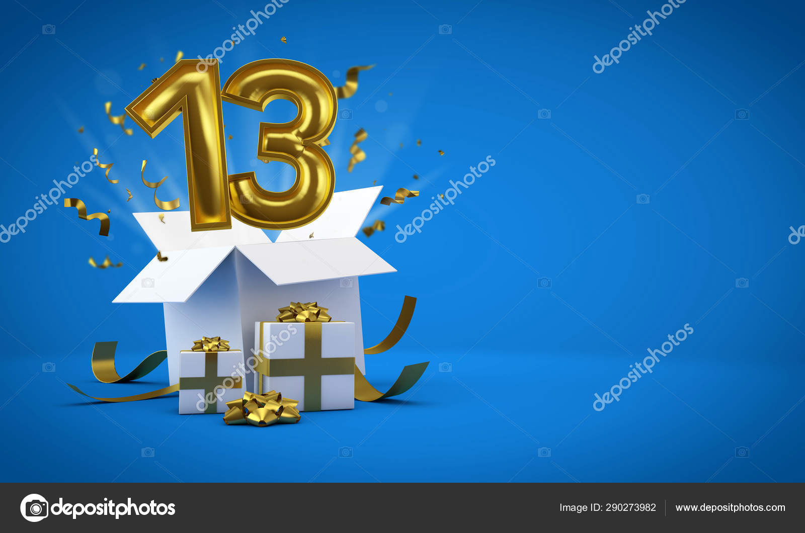 Número 13 explotando de una caja de regalo de cumpleaños. Renderizado ...