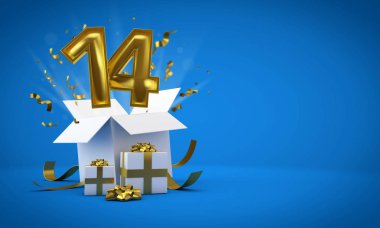 14 numara doğum günü hediye kutusundan patlıyor. 3d Render