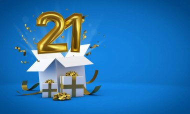 21 numara doğum günü hediye kutusundan patlıyor. 3d Render