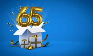 65 numara doğum günü hediye kutusundan patlıyor. 3d Render