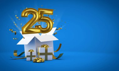 25 numara doğum günü hediye kutusundan patlıyor. 3d Render