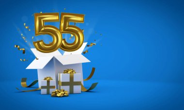 55 numara doğum günü hediye kutusundan patlıyor. 3d Render