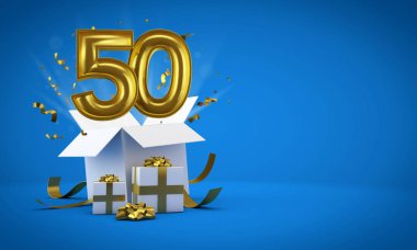 Doğum günü hediye kutusundan patlayan 50 numara. 3d Render