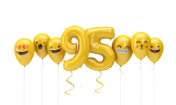 95 numaralı sarı doğum günü emojisi balonlara bakıyor. 3d Render — Stok fotoğraf