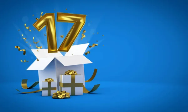 Il numero 17 sta esplodendo da una confezione regalo di compleanno. Render 3D — Foto Stock