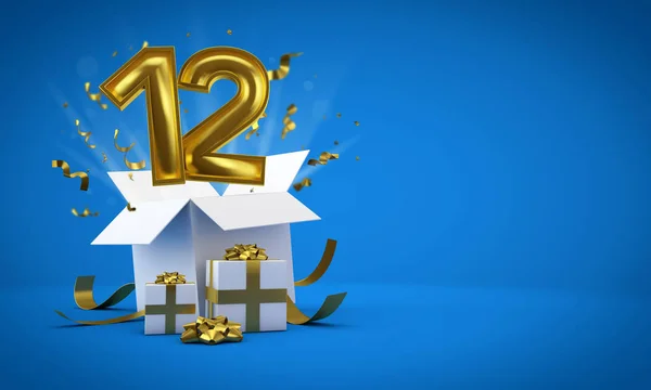 Il numero 12 sta esplodendo da una confezione regalo di compleanno. Render 3D — Foto Stock