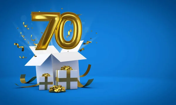 Zahl 70 explodiert aus einer Geschenkbox zum Geburtstag. 3D-Darstellung — Stockfoto