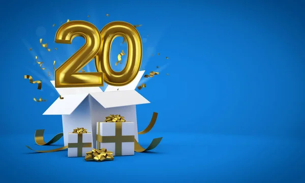 Il numero 20 sta esplodendo da una confezione regalo di compleanno. Render 3D — Foto Stock
