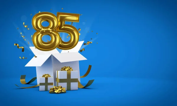 Nummer 85 explodiert aus einer Geschenkbox zum Geburtstag. 3D-Darstellung — Stockfoto