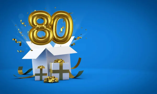 Zahl 80 explodiert aus einer Geschenkbox zum Geburtstag. 3D-Darstellung — Stockfoto