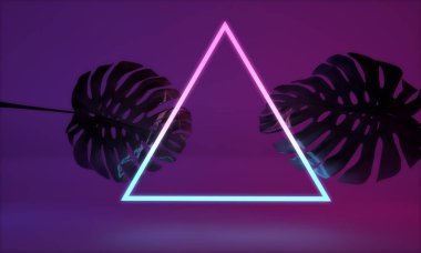 Tropik monstera yaprağı ile parlayan neon ışık. 3d Render