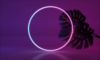 Tropik monstera yaprağı ile parlayan neon ışık. 3d Render