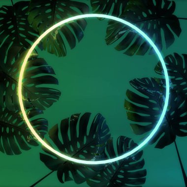 Tropik monstera yaprağı ile parlayan neon ışık. 3d Render
