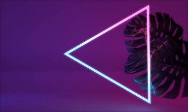 Tropik monstera yaprağı ile parlayan neon ışık. 3d Render