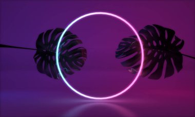 Tropik monstera yaprağı ile parlayan neon ışık. 3d Render