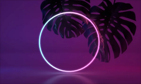 Brillante luz de neón con hoja de monstera tropical. Renderizado 3D — Foto de Stock