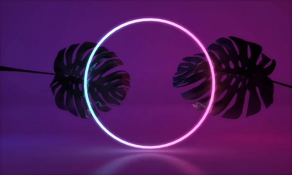 Tropik monstera yaprağı ile parlayan neon ışık. 3d Render — Stok fotoğraf