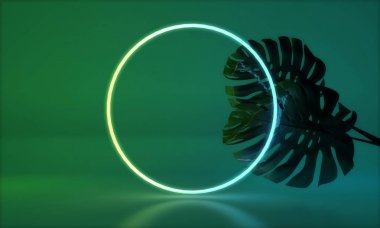 Tropik monstera yaprağı ile parlayan neon ışık. 3d Render