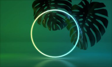 Tropik monstera yaprağı ile parlayan neon ışık. 3d Render